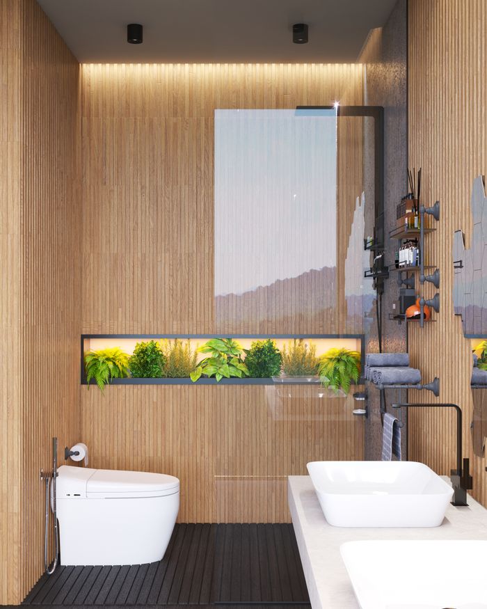 Stylish bathroom design featuring wooden panels and a vertical garden.