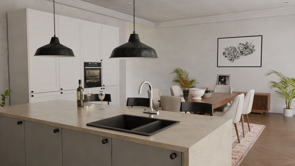 Stylish open kitchen with modern décor and dining area setup.